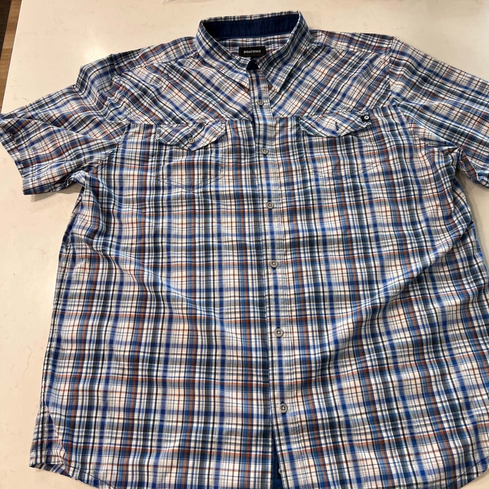 Marmot Mens XXL Short Sleeve Plaid Button Down Hiking Shirt Blue Orange White